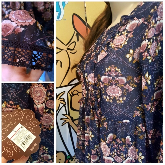 Navy Blue Floral High-Low Blouse Large Knox Rose - Picture 2 of 4